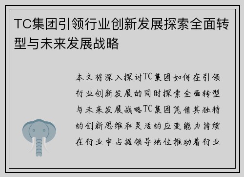 TC集团引领行业创新发展探索全面转型与未来发展战略