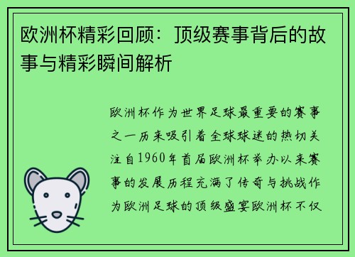 欧洲杯精彩回顾:顶级赛事背后的故事与精彩瞬间解析 欧洲杯精彩回顾:顶级赛事背后的故事与精彩瞬间解析